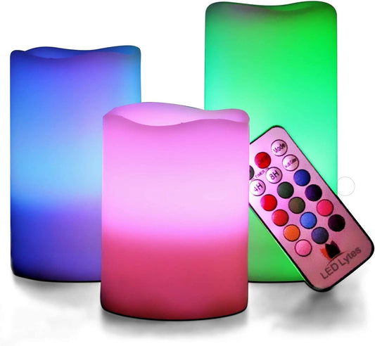 LED Multi Colored Flameless Candles Battery Operated, 3 round Ivory Wax with Multi-Function Timer Remote Control, Flickering Flame Candle Set for Room Decor for Teens by