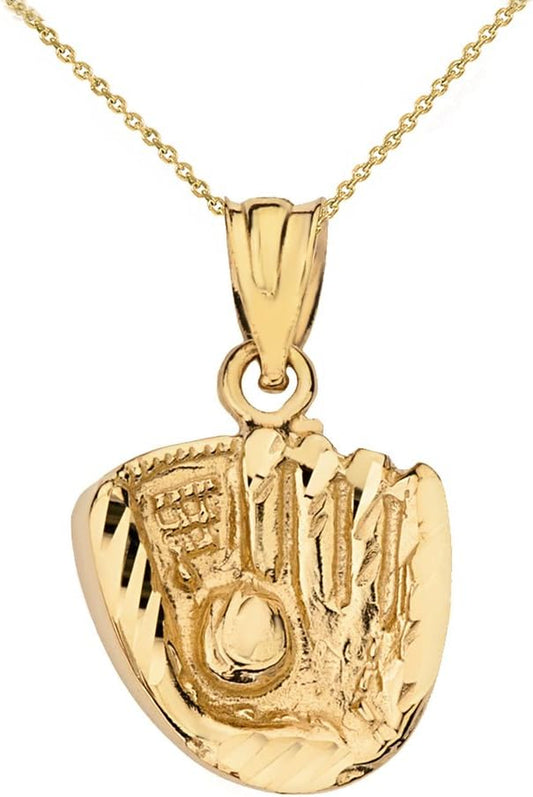 Sports Charms Solid 14K Yellow Gold Softball Glove and Ball Charm Pendant Necklace