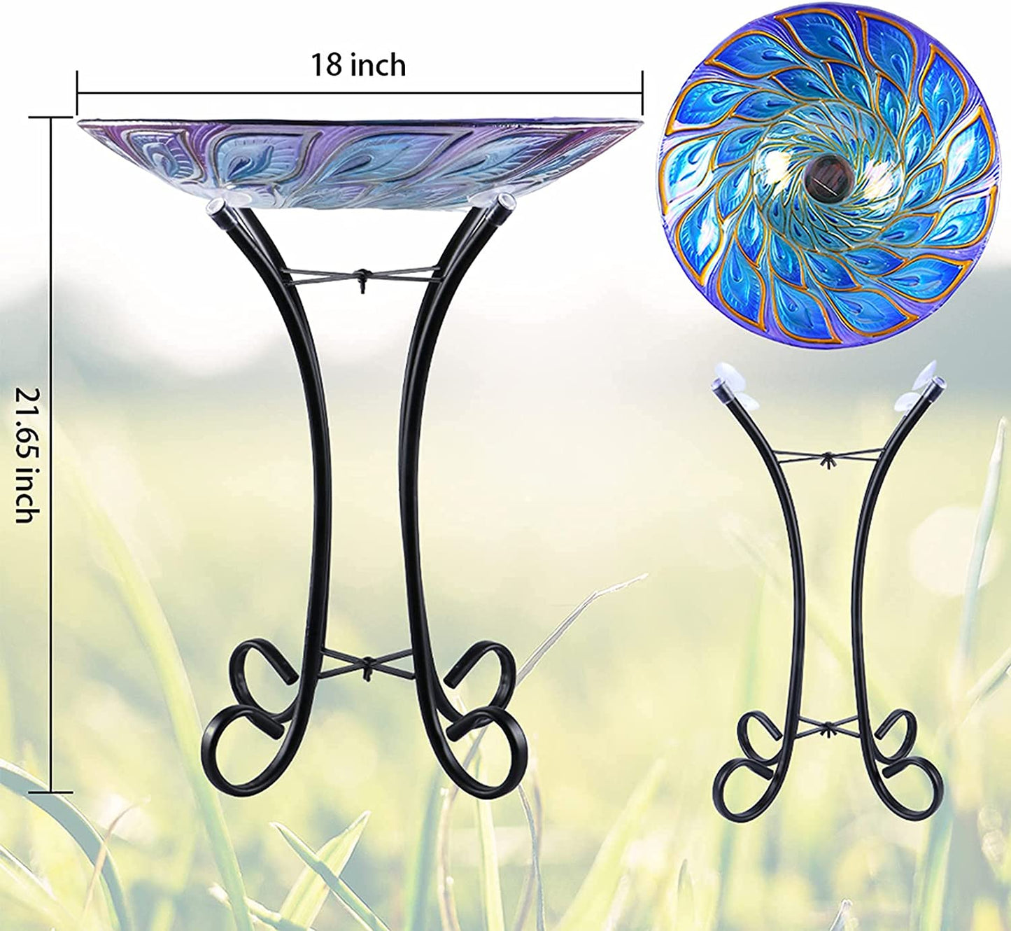 Outdoor Glass Bird Bath Solar Birdbaths with Metal Stand for Lawn Yard Garden Peacock Decor,18” Dia 21.65” Height