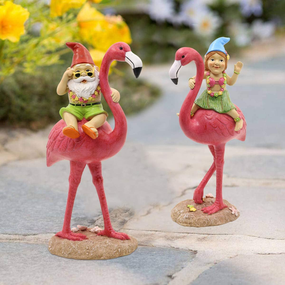 2Pack Gnome Riding Flamingo Statues - 11 "Adorable Hawaii Pink Flamingo Gifts, Birthday & Mom Gifts, Perfect Home and Garden Decor, Beach Party Decorations (M&L)