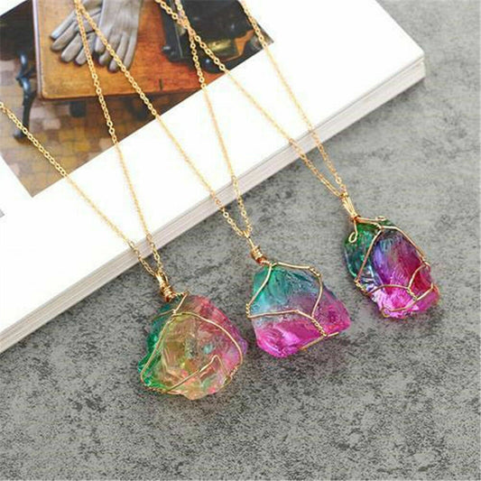 Rainbow Stone Crystal Chakra Quartz Pendant Necklace Lab-Created Silver Plated