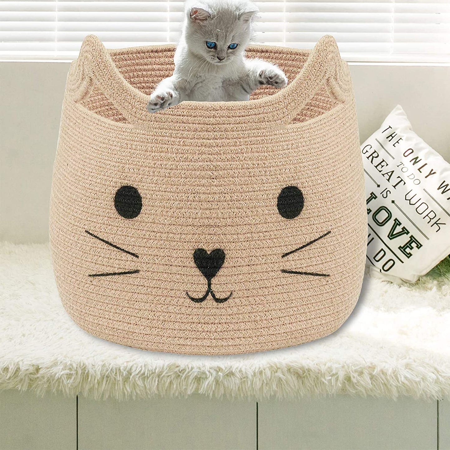 Animal Baskets Large Woven Cotton Rope Storage Basket with Cute Cat Design Animal Laundry Basket Organizer for Towels, Blanket, Toys, Clothes, Gifts – Pet or Baby Gift Baskets 15"Lx14H"