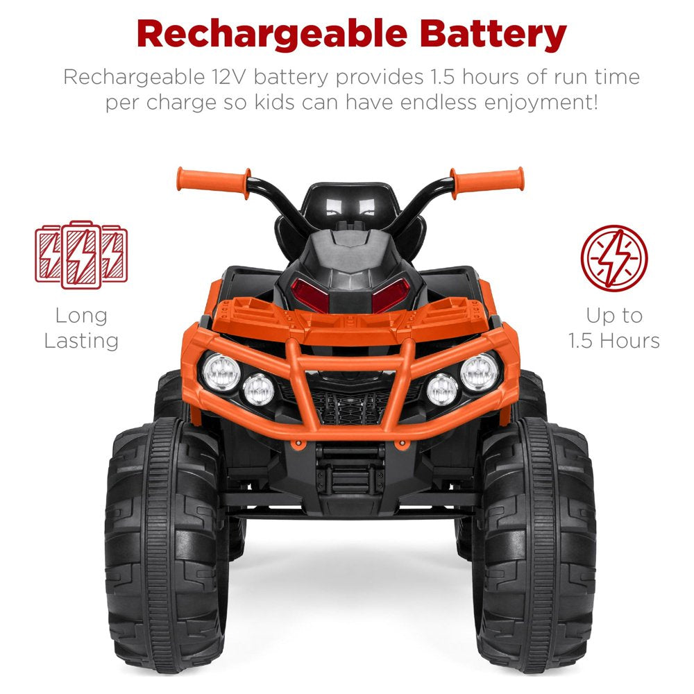 12V Kids Ride-On ATV Quad W/ Bluetooth, 3.7Mph Max, Treaded Tires, LED Lights, Radio - Orange