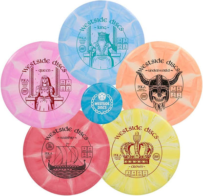 Westside Discs Origio Burst 5 Disc Golf Starter Set, Men, Women, and Kids, Beginners Frisbee Golf Set, Putter, Midrange, Fairway Driver, Maximum Distance Drivers, plus Mini Marker, Colors Will Vary