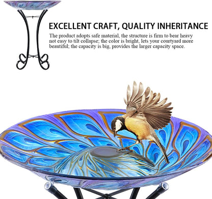 Outdoor Glass Bird Bath Solar Birdbaths with Metal Stand for Lawn Yard Garden Peacock Decor,18” Dia 21.65” Height