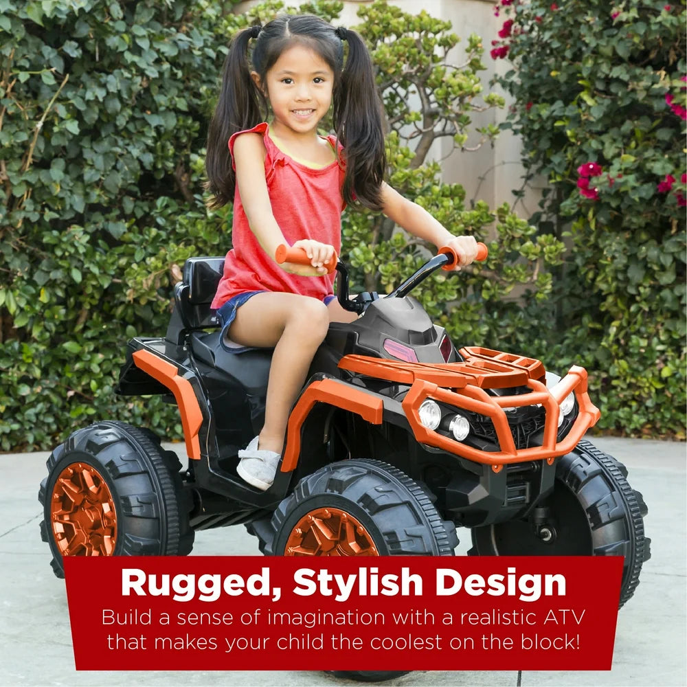 12V Kids Ride-On ATV Quad W/ Bluetooth, 3.7Mph Max, Treaded Tires, LED Lights, Radio - Orange