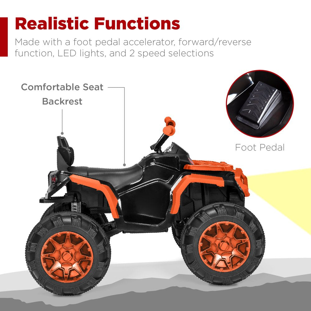 12V Kids Ride-On ATV Quad W/ Bluetooth, 3.7Mph Max, Treaded Tires, LED Lights, Radio - Orange