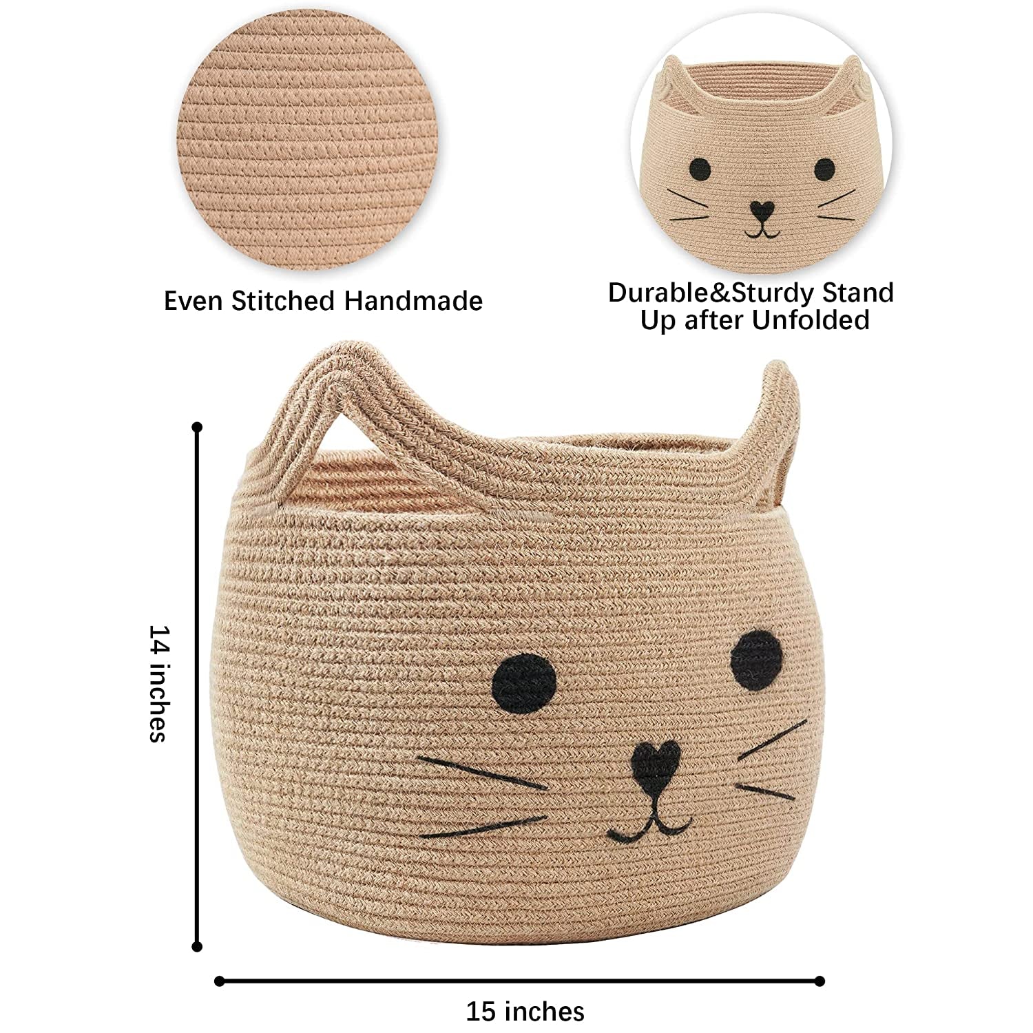 Animal Baskets Large Woven Cotton Rope Storage Basket with Cute Cat Design Animal Laundry Basket Organizer for Towels, Blanket, Toys, Clothes, Gifts – Pet or Baby Gift Baskets 15"Lx14H"