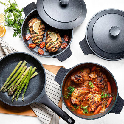 6-Piece Cast Aluminum Heavy Duty Nesting Nonstick Cookware Set with Silicone Handle Covers