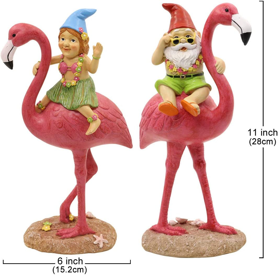 2Pack Gnome Riding Flamingo Statues - 11 "Adorable Hawaii Pink Flamingo Gifts, Birthday & Mom Gifts, Perfect Home and Garden Decor, Beach Party Decorations (M&L)