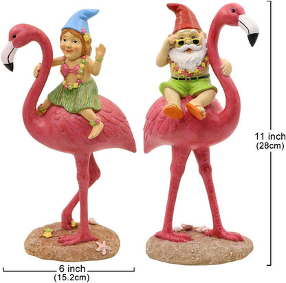 2Pack Gnome Riding Flamingo Statues - 11 "Adorable Hawaii Pink Flamingo Gifts, Birthday & Mom Gifts, Perfect Home and Garden Decor, Beach Party Decorations (M&L)