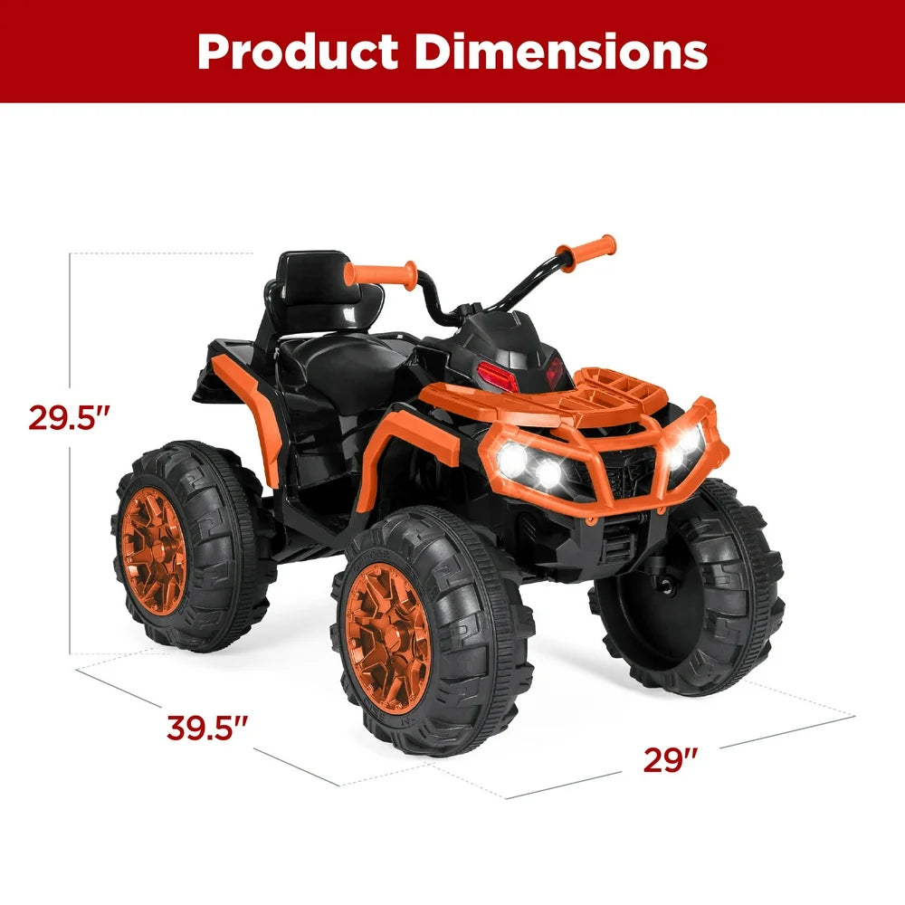 12V Kids Ride-On ATV Quad W/ Bluetooth, 3.7Mph Max, Treaded Tires, LED Lights, Radio - Orange