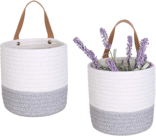 2Pack Small Hanging Basket-Cotton Rope Wall Basket with Handle, Hanging Storage Basket, Shelf Baskets Storage Bin Closet Organizer 6"×6.3", Woven Plant Basket - (White & Grey)
