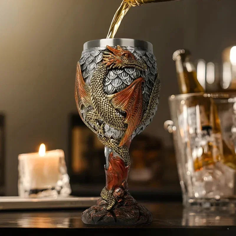 Creative 3D Dragon Beer Cup Resin 304 Stainless Steel Gothic Wine Goblet Viking Skull Cocktail Glass Bar Decoration Men'S Gift