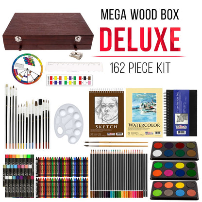 162-Piece Deluxe Mega Wood Box Art Painting and Drawing Set - Artist Painting Pad, 2 Sketch Pads, 24 Watercolor Paint Colors, 24 Oil Pastels, 24 Colored Pencils, 60 Crayons, 2 Brushes