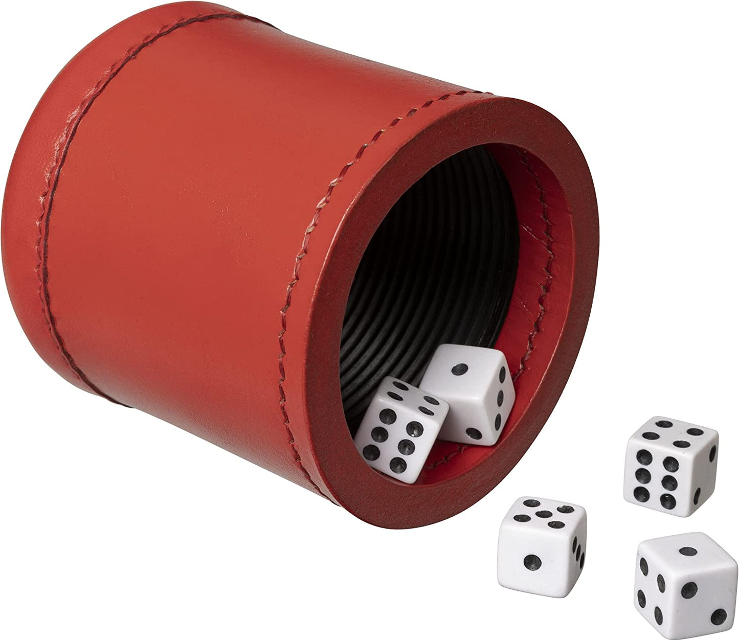 Professional, Handmade Red Leather Dice Cup Set - 5 Dice & Cloth Carry Bag