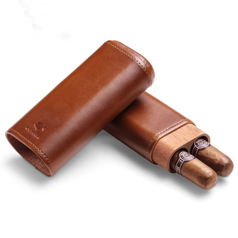 Ciguard Portable Brown Leather Cedar Cigar Case for 2 Tubes