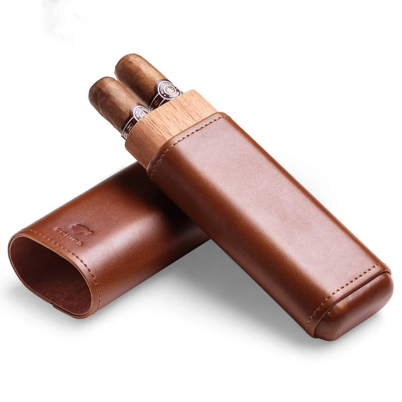 Ciguard Portable Brown Leather Cedar Cigar Case for 2 Tubes