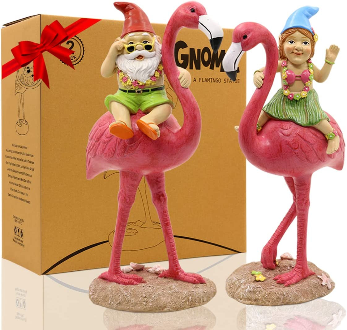 2Pack Gnome Riding Flamingo Statues - 11 "Adorable Hawaii Pink Flamingo Gifts, Birthday & Mom Gifts, Perfect Home and Garden Decor, Beach Party Decorations (M&L)