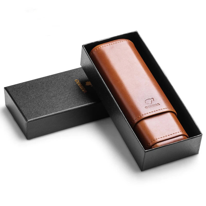 Ciguard Portable Brown Leather Cedar Cigar Case for 2 Tubes