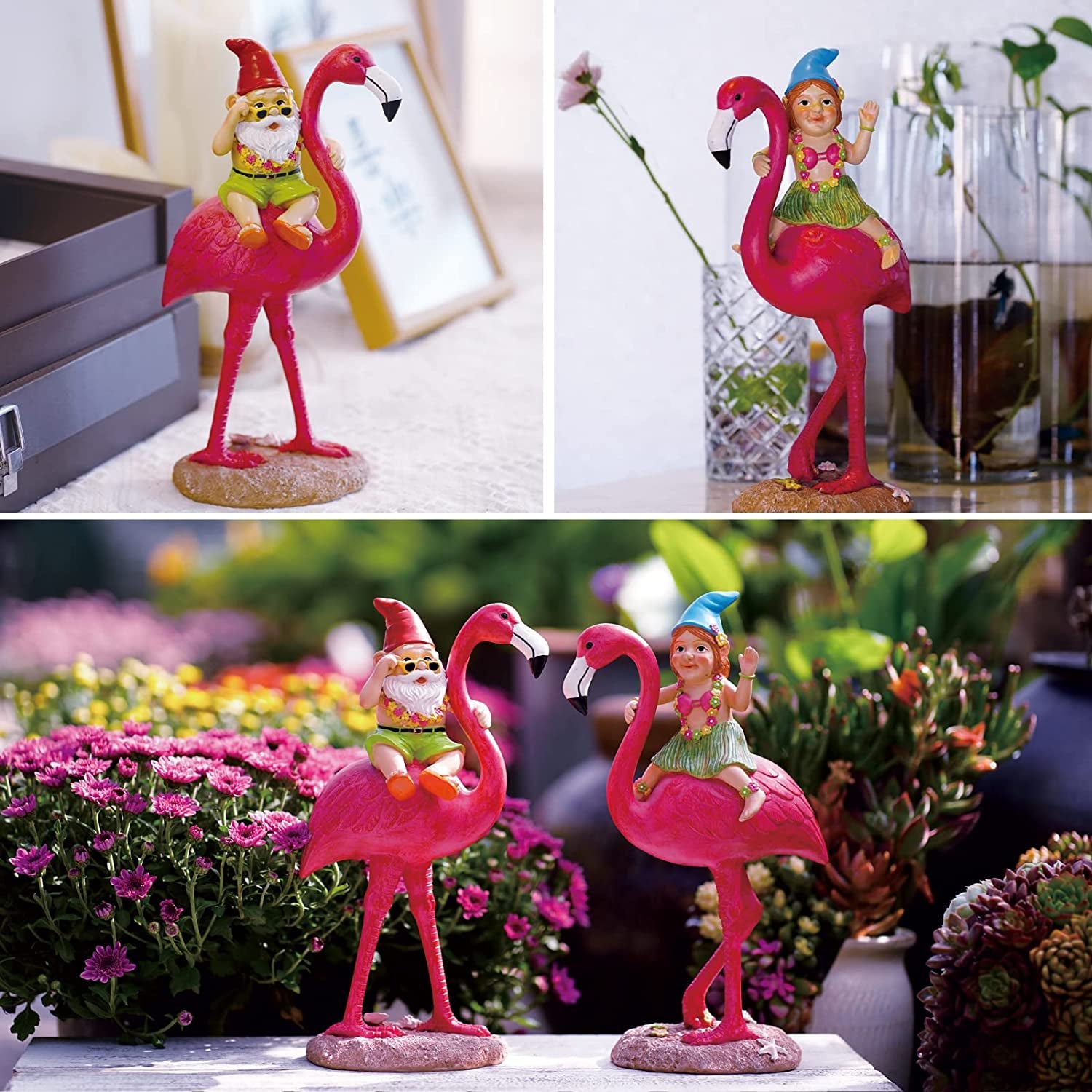 2Pack Gnome Riding Flamingo Statues - 11 "Adorable Hawaii Pink Flamingo Gifts, Birthday & Mom Gifts, Perfect Home and Garden Decor, Beach Party Decorations (M&L)