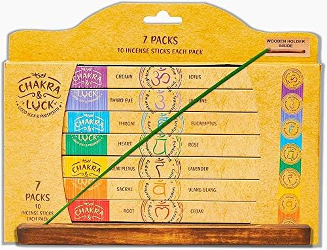 Ultra Premium Natural Incense Sticks | 7 Chakras from Crown to Root | 70 Piece Variety Gift Pack with Bonus Wood Holder