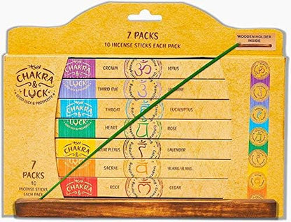 Ultra Premium Natural Incense Sticks | 7 Chakras from Crown to Root | 70 Piece Variety Gift Pack with Bonus Wood Holder