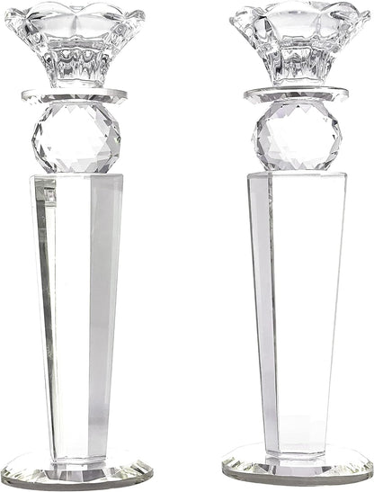 Set of 2 Crystal Glass Made Reverse Tapered Pillar and Hand Crafted Ball Candlesticks-8.5"-Hd89151