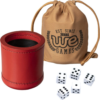 Professional, Handmade Red Leather Dice Cup Set - 5 Dice & Cloth Carry Bag