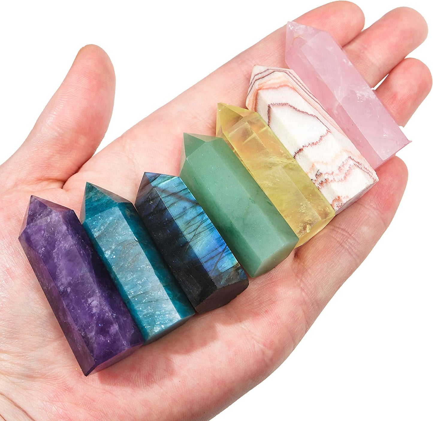 Healing Crystal Tower Set 1.57"-1.96" 7 Chakra Natural Crystal Wand Gift Box Rose Quartz Labradorite Amethyst Apatite 6 Faceted Crystals Point Chakra Stone Kit Home Decor for Desk Office