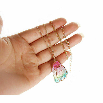 Rainbow Stone Crystal Chakra Quartz Pendant Necklace Lab-Created Silver Plated