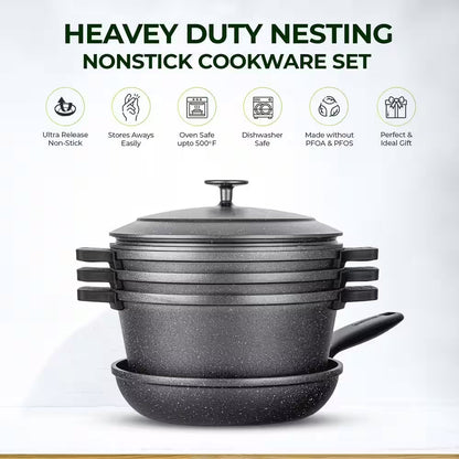 6-Piece Cast Aluminum Heavy Duty Nesting Nonstick Cookware Set with Silicone Handle Covers