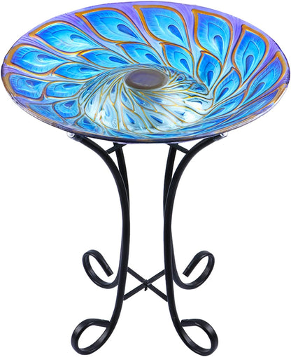 Outdoor Glass Bird Bath Solar Birdbaths with Metal Stand for Lawn Yard Garden Peacock Decor,18” Dia 21.65” Height