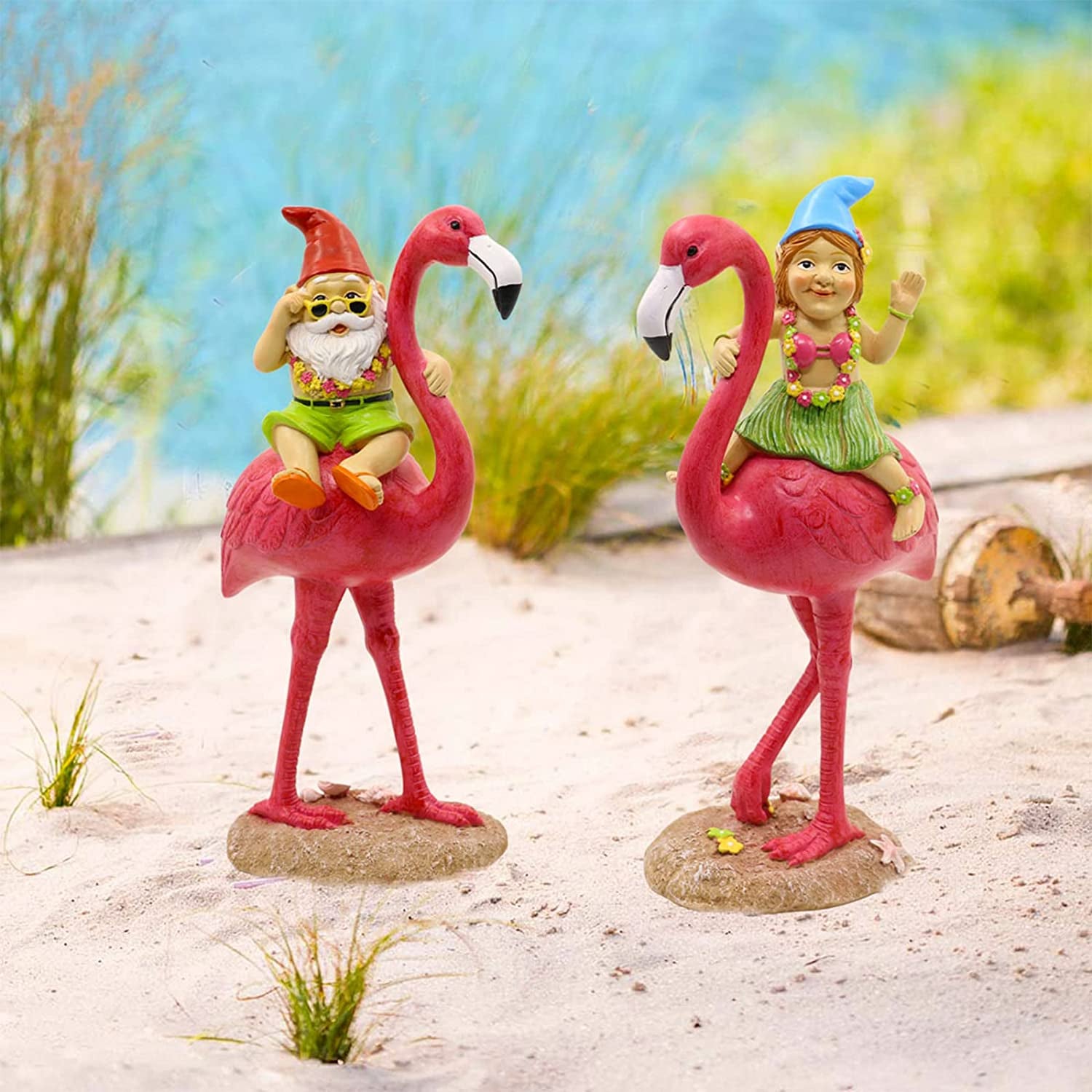 2Pack Gnome Riding Flamingo Statues - 11 "Adorable Hawaii Pink Flamingo Gifts, Birthday & Mom Gifts, Perfect Home and Garden Decor, Beach Party Decorations (M&L)
