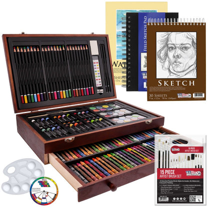 162-Piece Deluxe Mega Wood Box Art Painting and Drawing Set - Artist Painting Pad, 2 Sketch Pads, 24 Watercolor Paint Colors, 24 Oil Pastels, 24 Colored Pencils, 60 Crayons, 2 Brushes