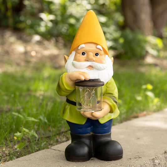 Jar Garden Gnomes Lawn Gnome with Solar Light Great Addition for Your Garden Solar Powered Garden Knome Christmas Decorations Gifts for outside Patio Lawn (Yellow Hat)