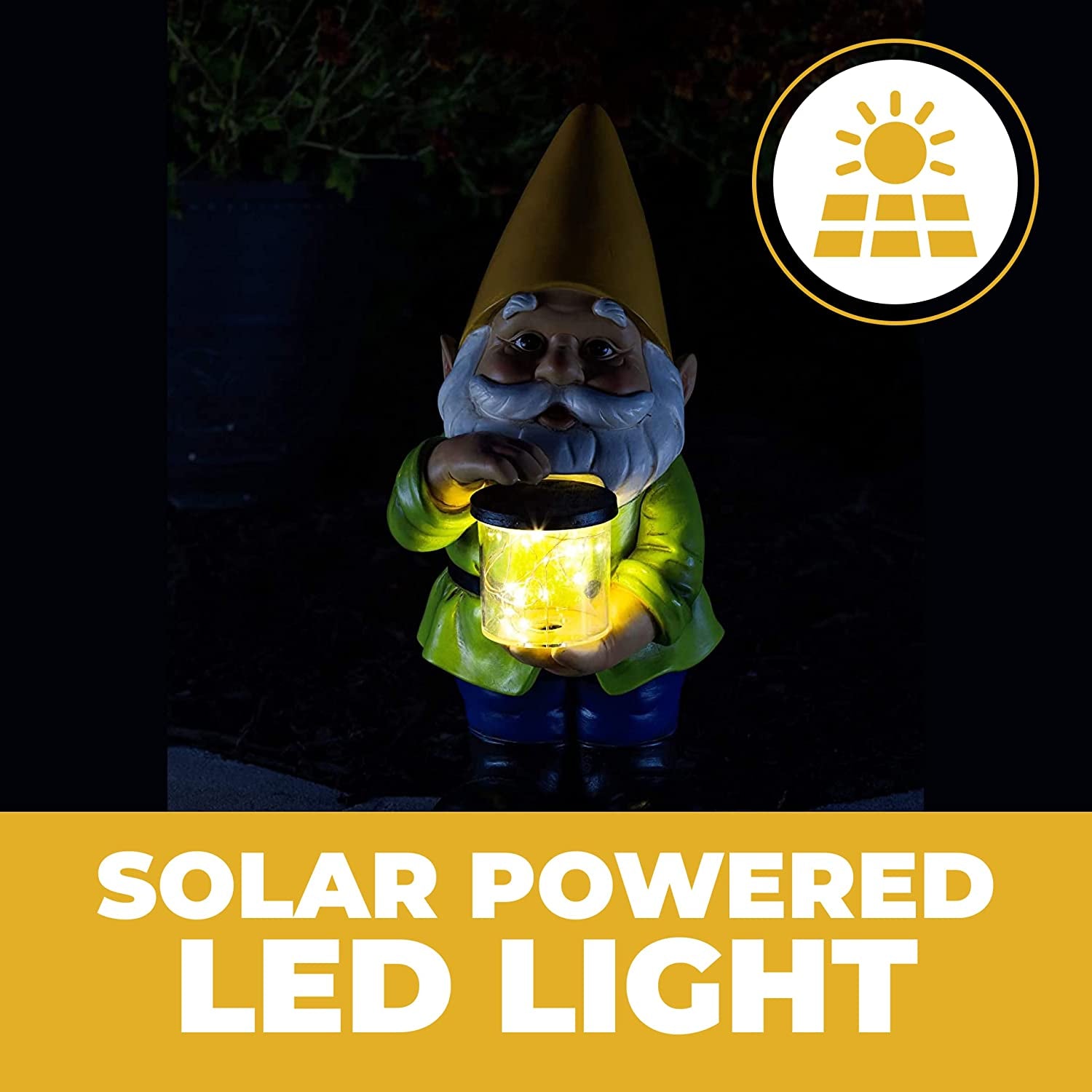 Jar Garden Gnomes Lawn Gnome with Solar Light Great Addition for Your Garden Solar Powered Garden Knome Christmas Decorations Gifts for outside Patio Lawn (Yellow Hat)