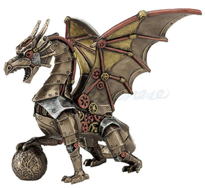 Steampunk Mechanical Gear Dragon Sitting Holding Sphere Statue Sculpture Bronze