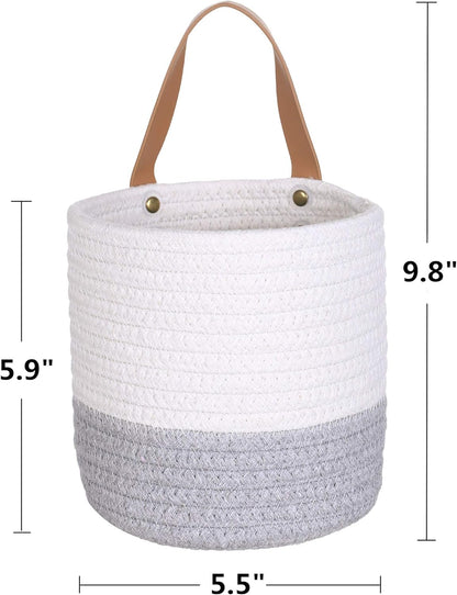 2Pack Small Hanging Basket-Cotton Rope Wall Basket with Handle, Hanging Storage Basket, Shelf Baskets Storage Bin Closet Organizer 6"×6.3", Woven Plant Basket - (White & Grey)