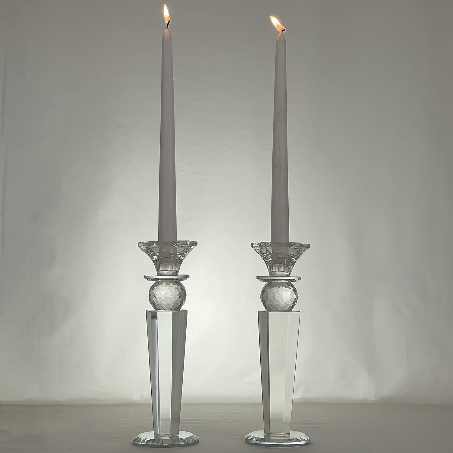 Set of 2 Crystal Glass Made Reverse Tapered Pillar and Hand Crafted Ball Candlesticks-8.5"-Hd89151