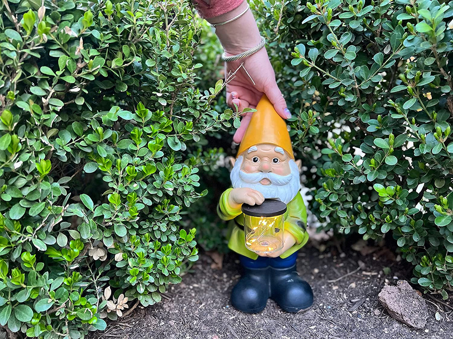 Jar Garden Gnomes Lawn Gnome with Solar Light Great Addition for Your Garden Solar Powered Garden Knome Christmas Decorations Gifts for outside Patio Lawn (Yellow Hat)